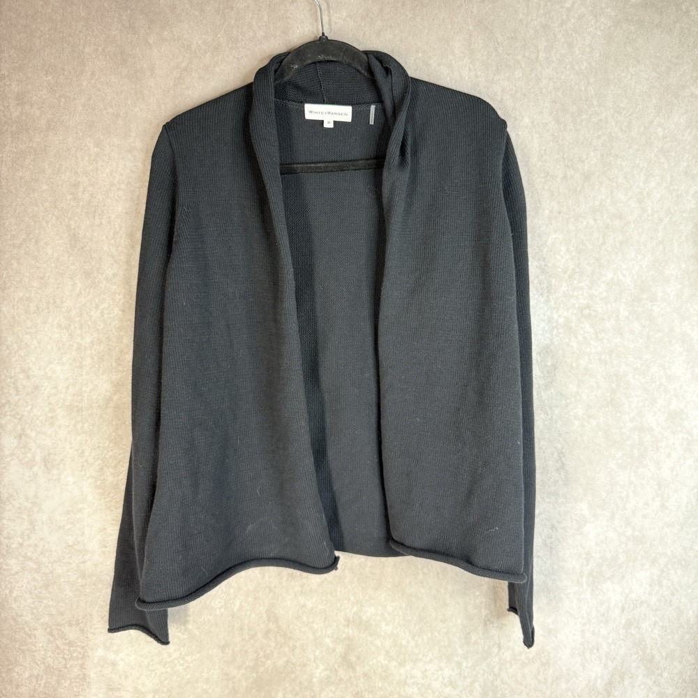 White + Warren‎ Cotton Blend Trapeze Open Cardigan Sweater In Black Size M